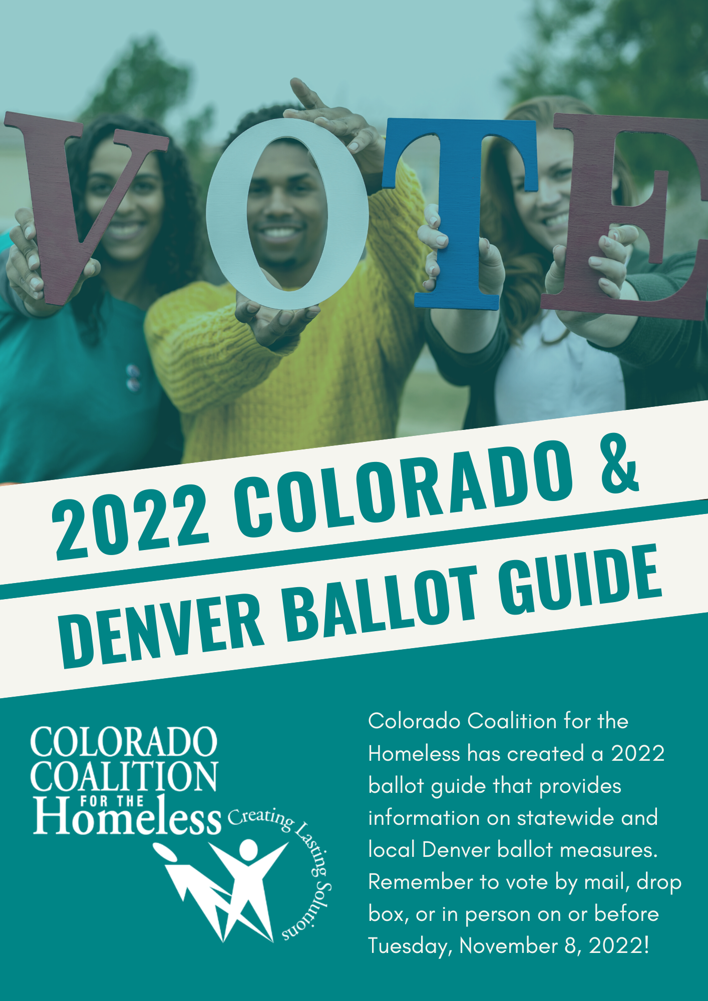 cover image of CCH ballot guide with four voters holding up letters V-O-T-E
