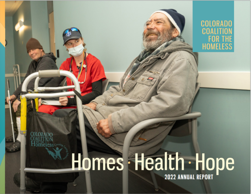 cover photo annual report. Two clients and a health care worker.